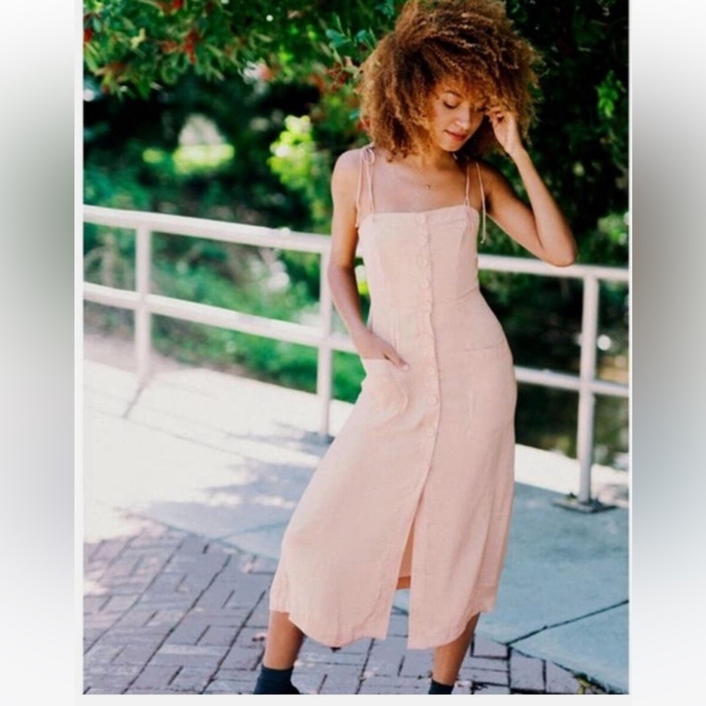 Urban Outfitters Gold Peach Dust Tie Shoulder Satin 90s Midi Dress Button